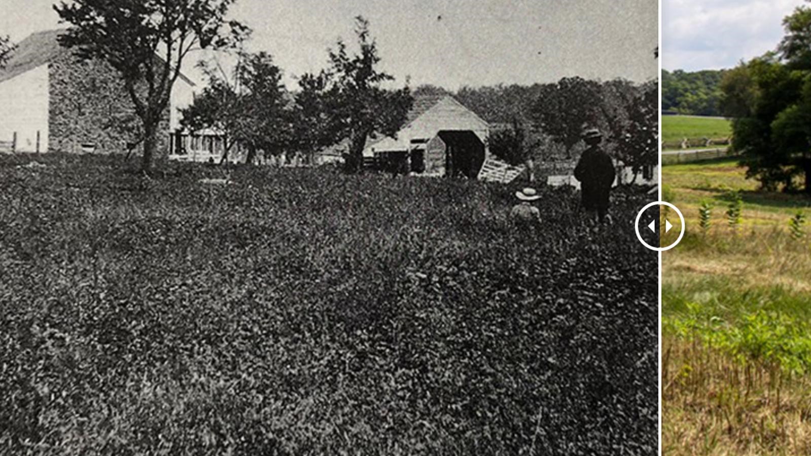 A historic image of the McPherson farm to the left with a modern image of the location to the right.
