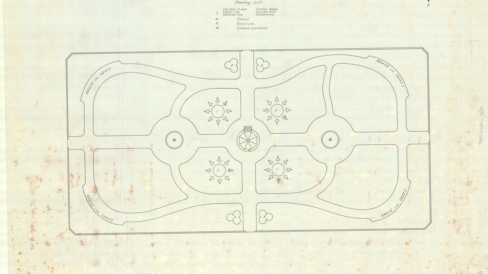 Pencil drawing of square park with curving paths cutting through it