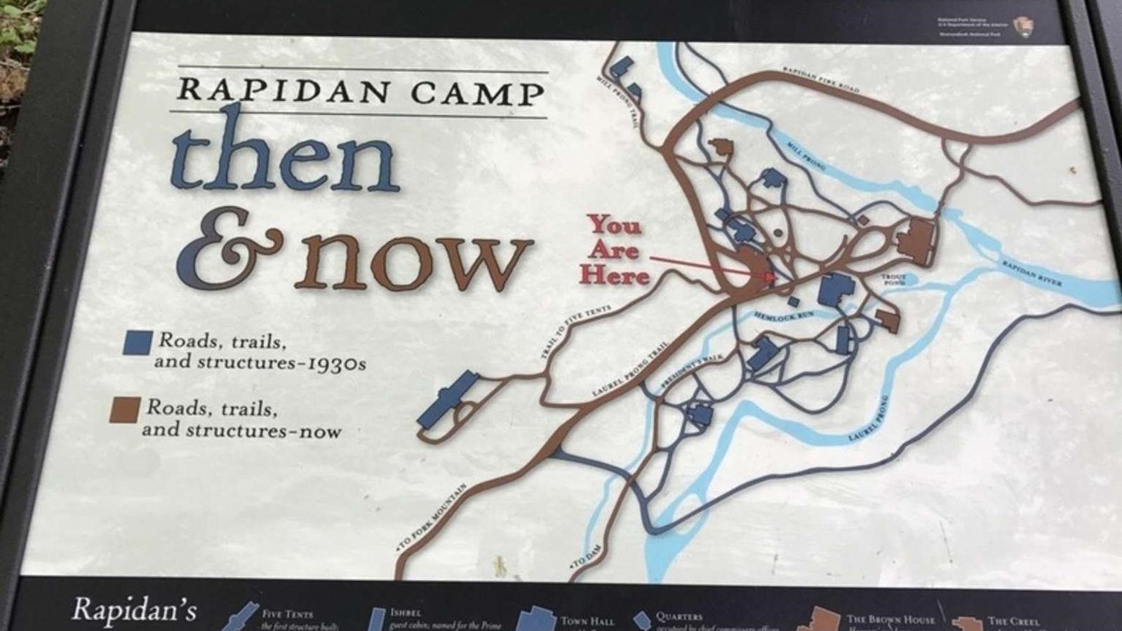 A map showing the layout of Rapidan Camp\'s historic and current layout.