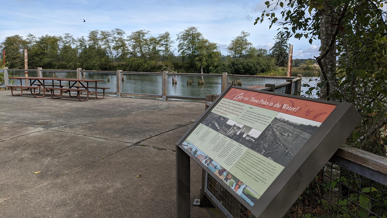 An interpretive wayside standing on a concrete bulkhead overlooking a river