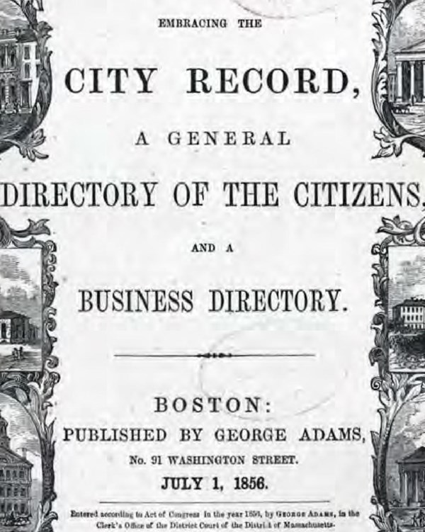 Black and white image of the title page of the Boston City Directory with George Adams name on it.