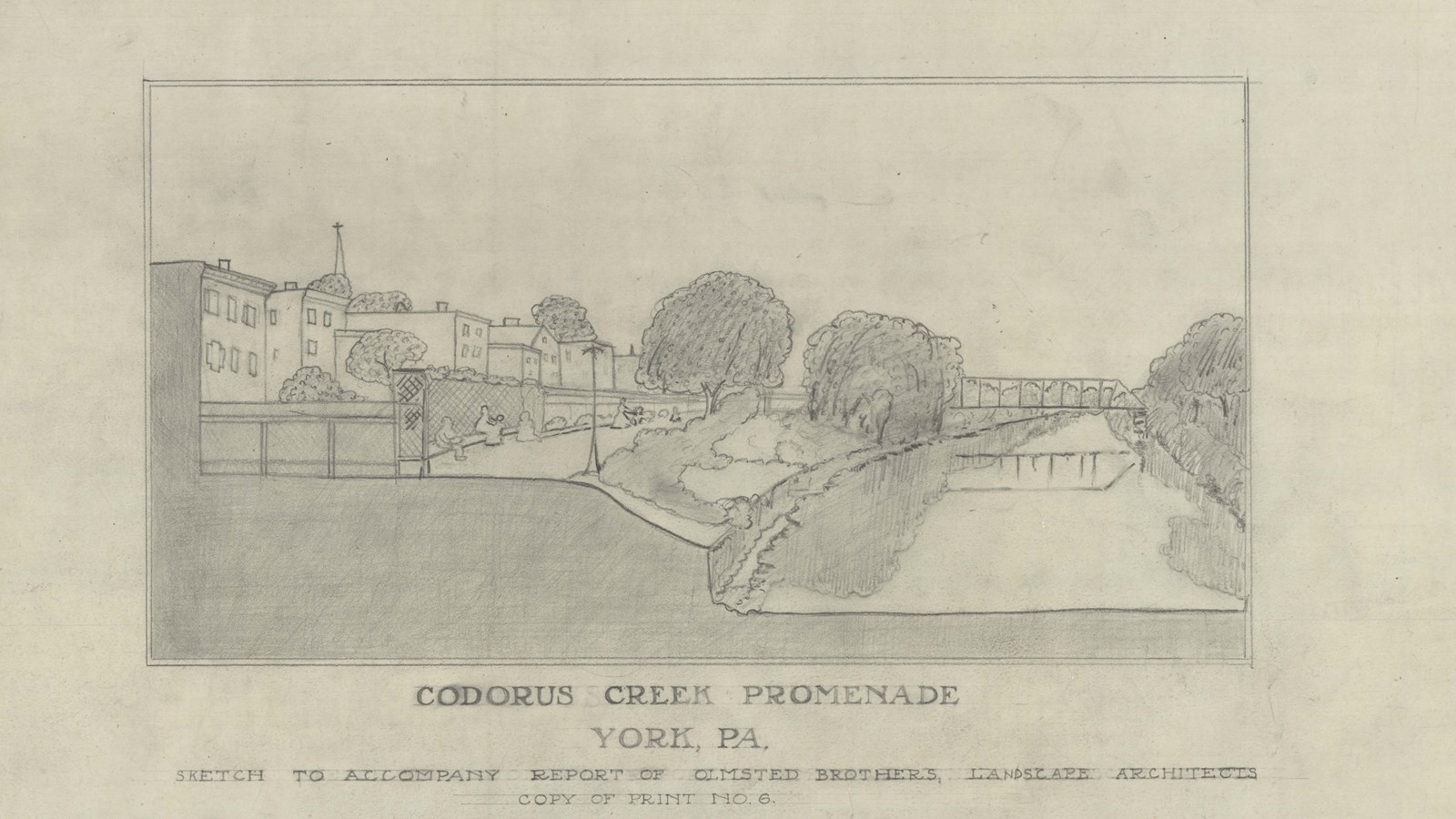 Pencil drawing of river with bridge over it lined by trees with buildings on one side