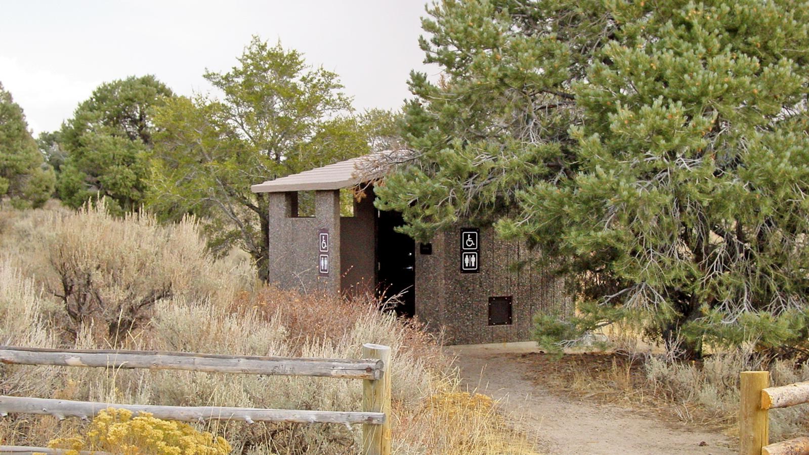 A vault toilet tucked in among pine trees and sage brush.