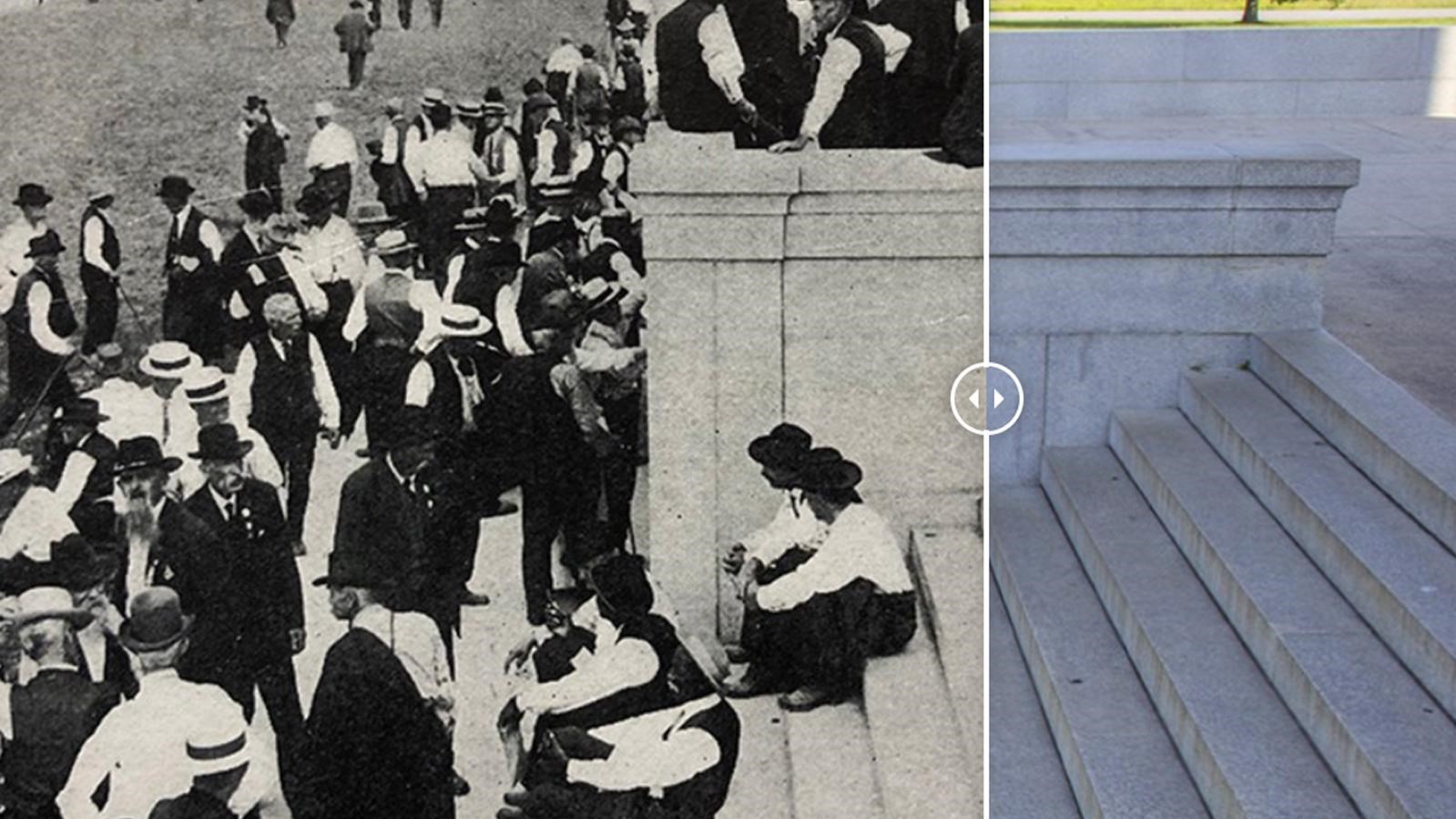 A historic image of reunion attendees on the left with a photo of the modern location to the right.