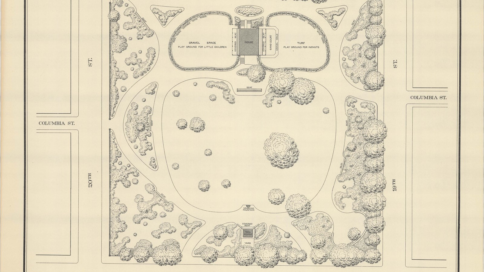 Pencil plan of rectangular park with open space in middle, trees on edge