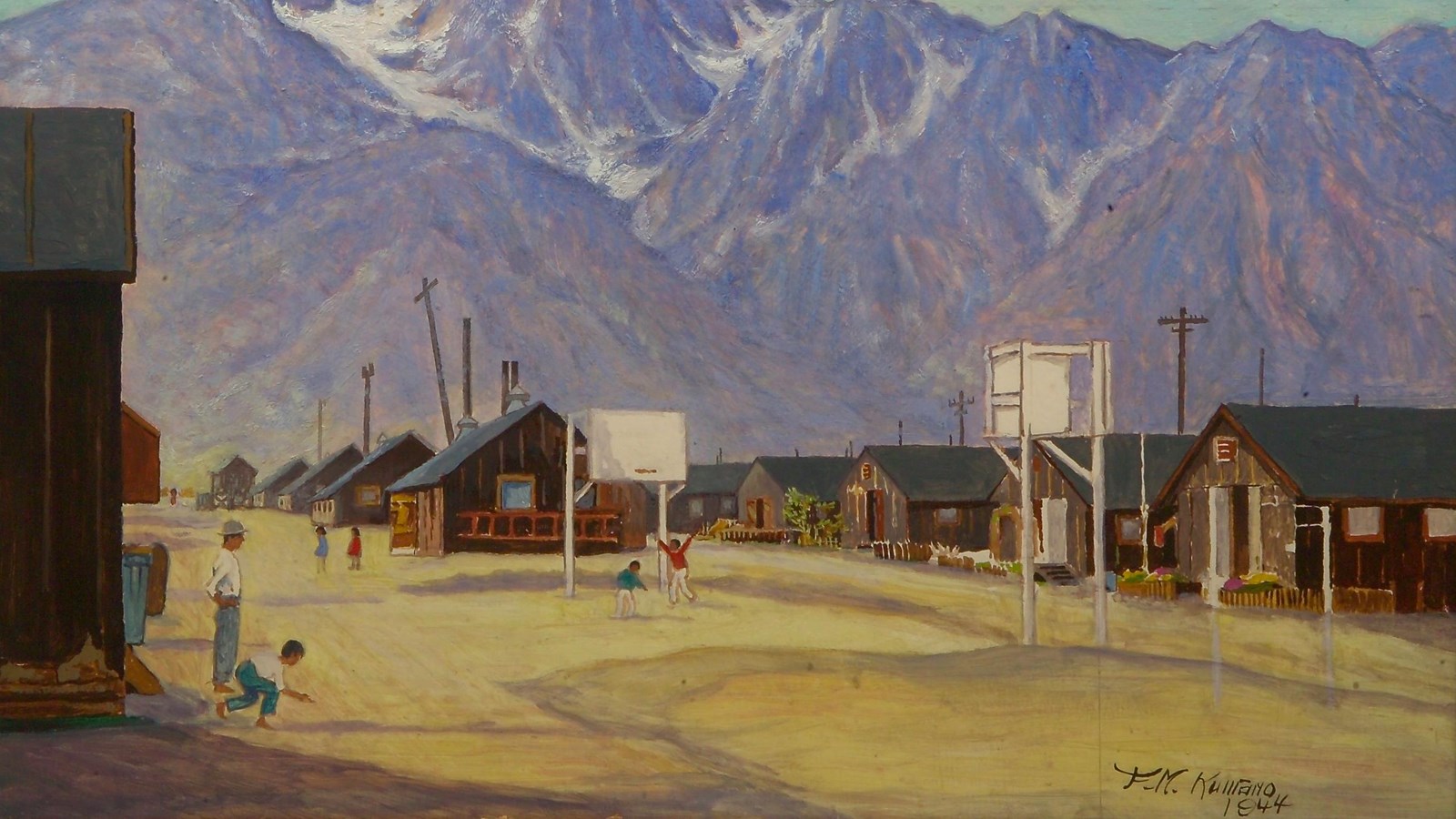 Colorful oil painting of black tarpaper barracks in front of the Sierra