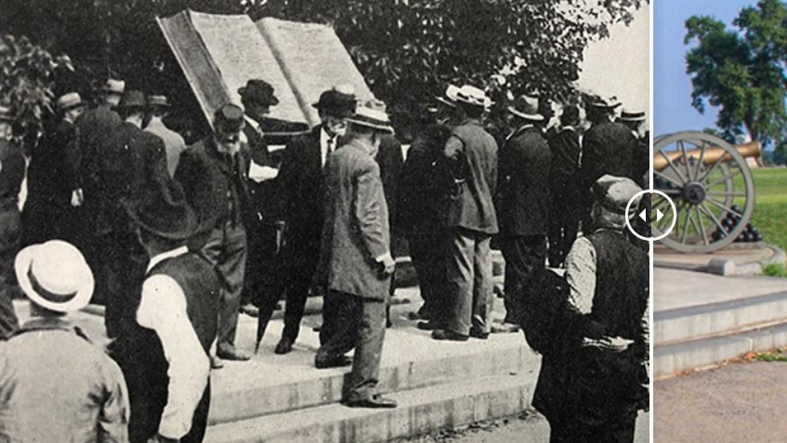 A historic image of visitors looking at monument on the left with a modern image to the right.