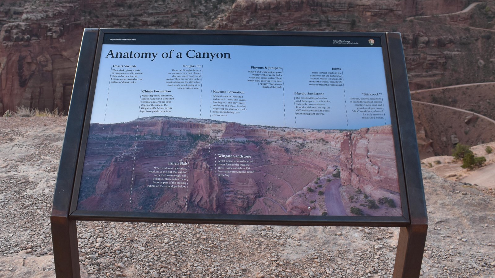 A sign at the shafer canyon overlook provides information on the anatomy of the canyon.