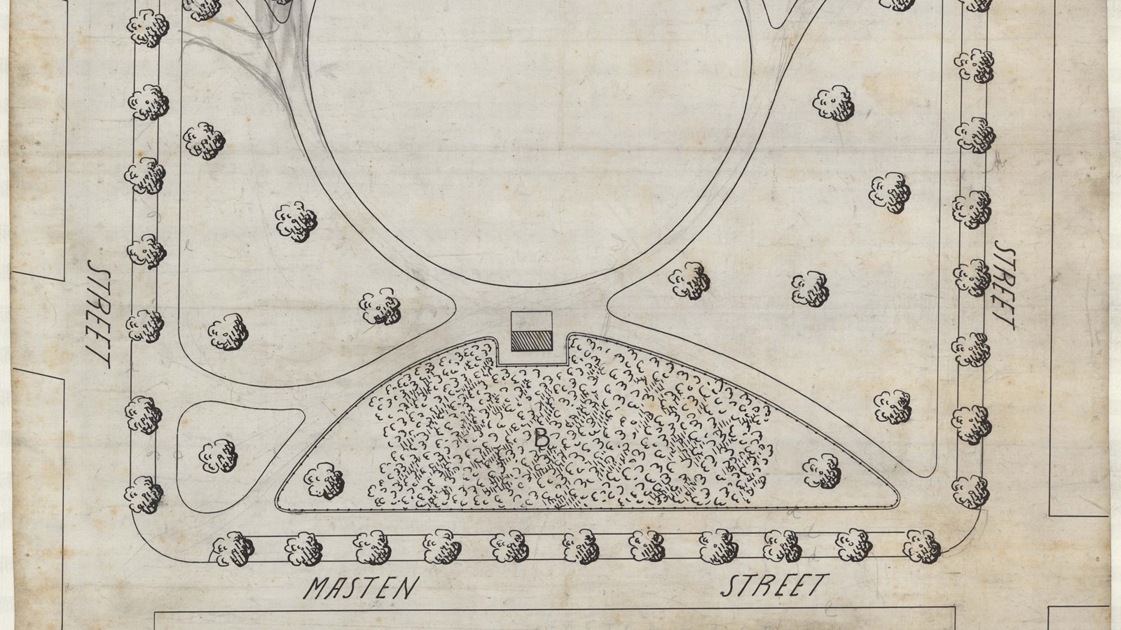 Pencil plan of rectangular park lined with trees with curving paths and open space with trees 