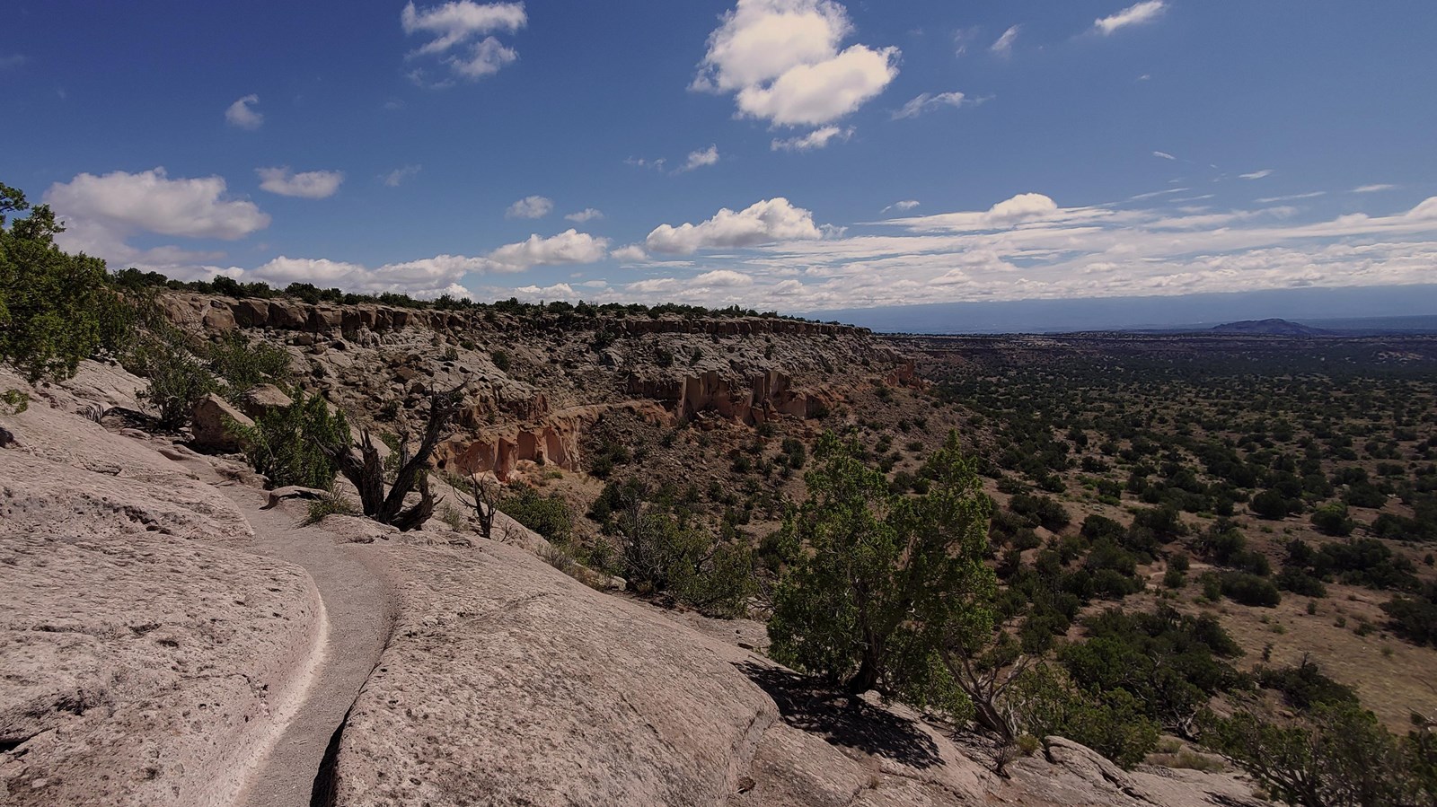 a carved trail in tan stone with small green bushes and distance mesas, white streaky clouds