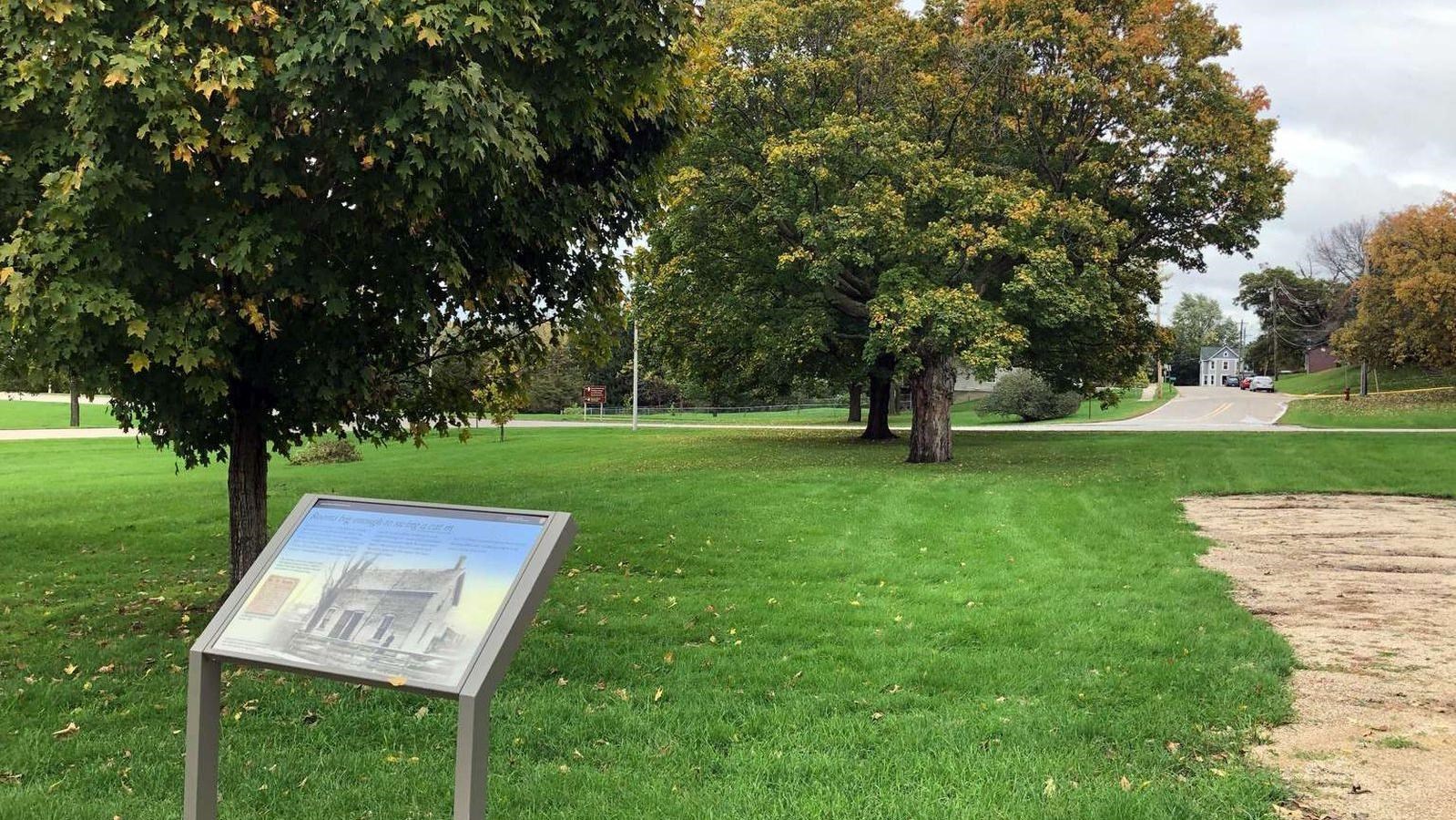 A vacant lot has a maple tree and a sign on its lawn.