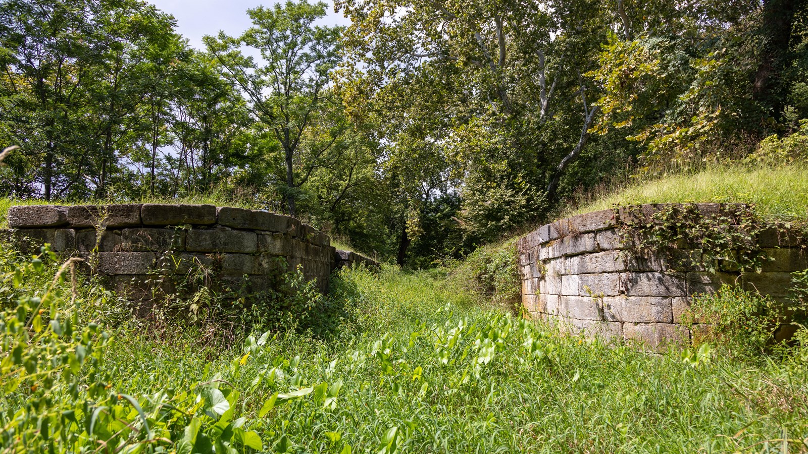 Ruins of an old stone lock surrounded by green foliage