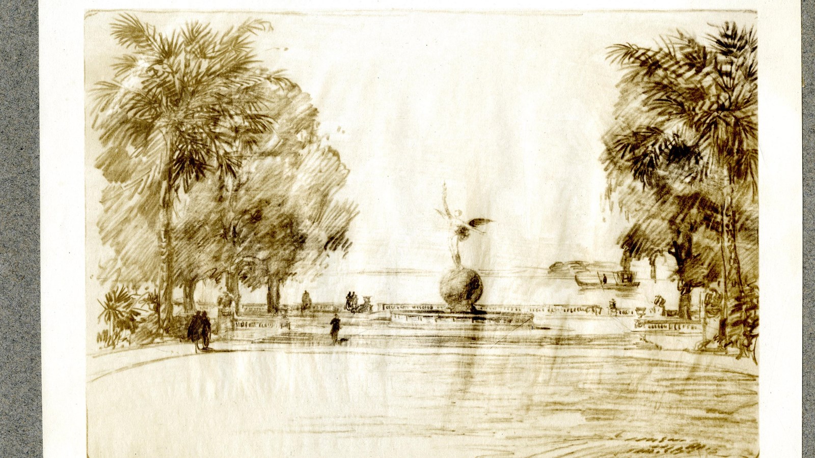 Pencil drawing of statue of circle with person standing on it with trees on both sides 
