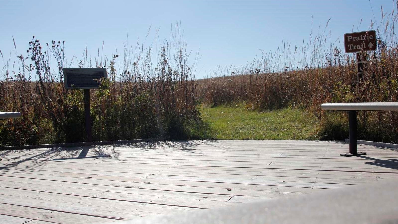 A circular plank deck with benches has a sign marking the entrance to a mowed grass prairie trail.