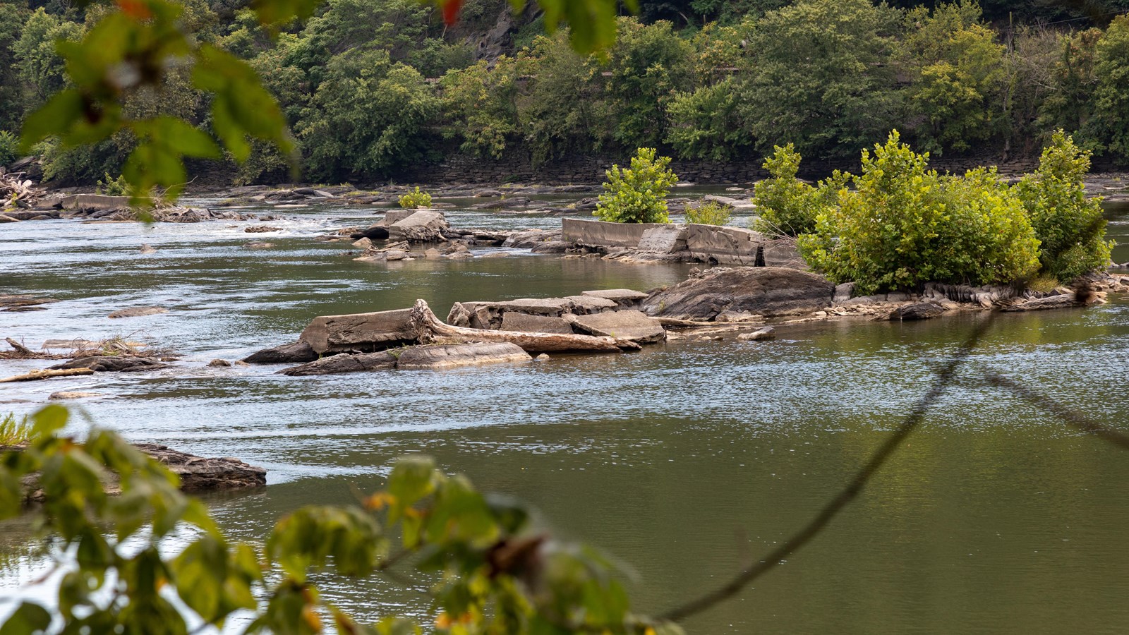 A flowing river rushing through a stone dam 