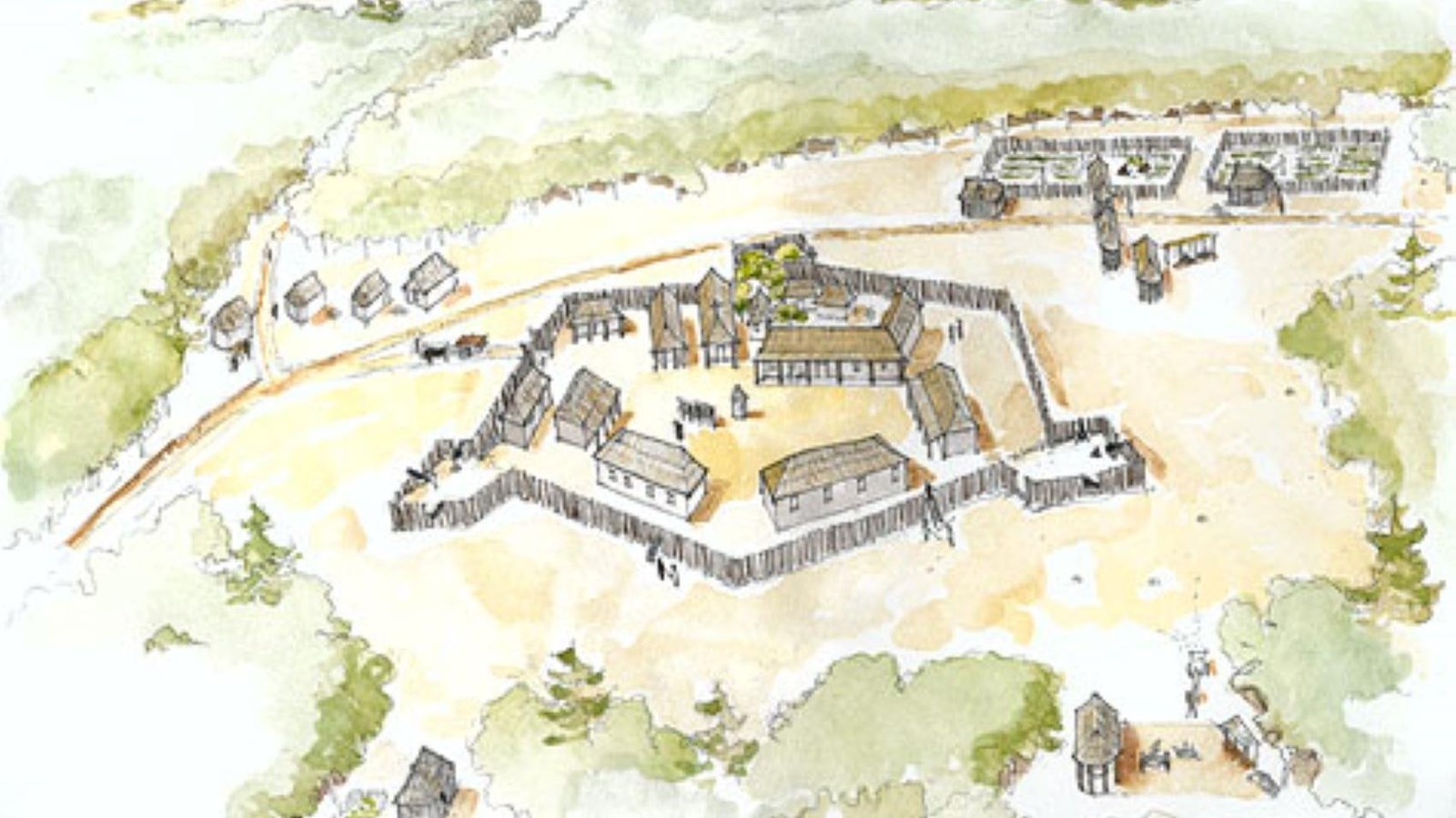A map of a landscape showing the location of a fort and settlement. 