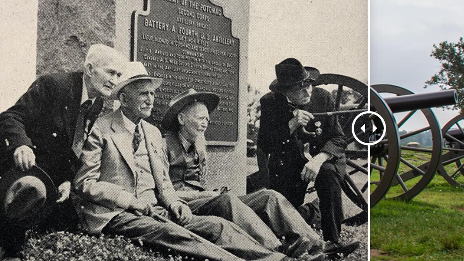 A historic image of four veterans looking out over a field with the modern location to the right.