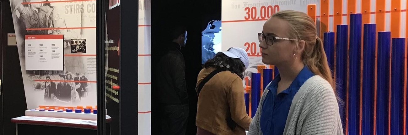 Visitors view bright exhibits