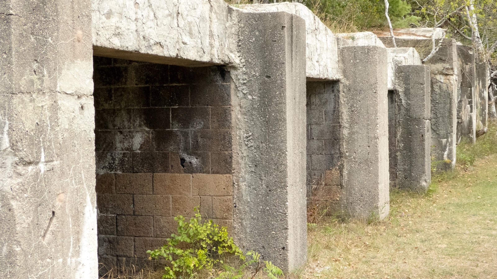 A row of low, connected concrete structures with square openings into each