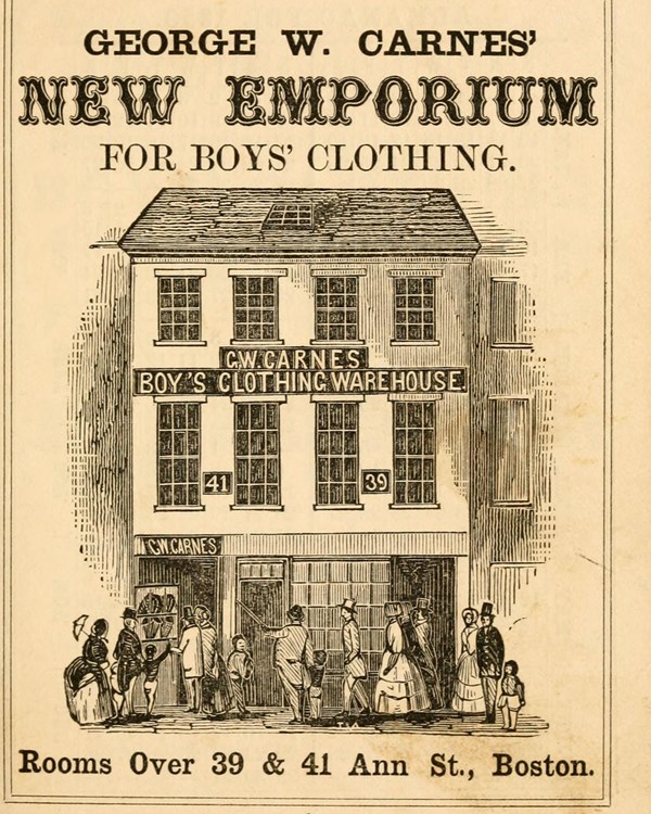 Pamphlet page for George W. Carnes clothing emporium with a sketch of his building.