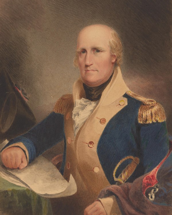 painted image of an old man wearing a revolutionary war blue jacket.