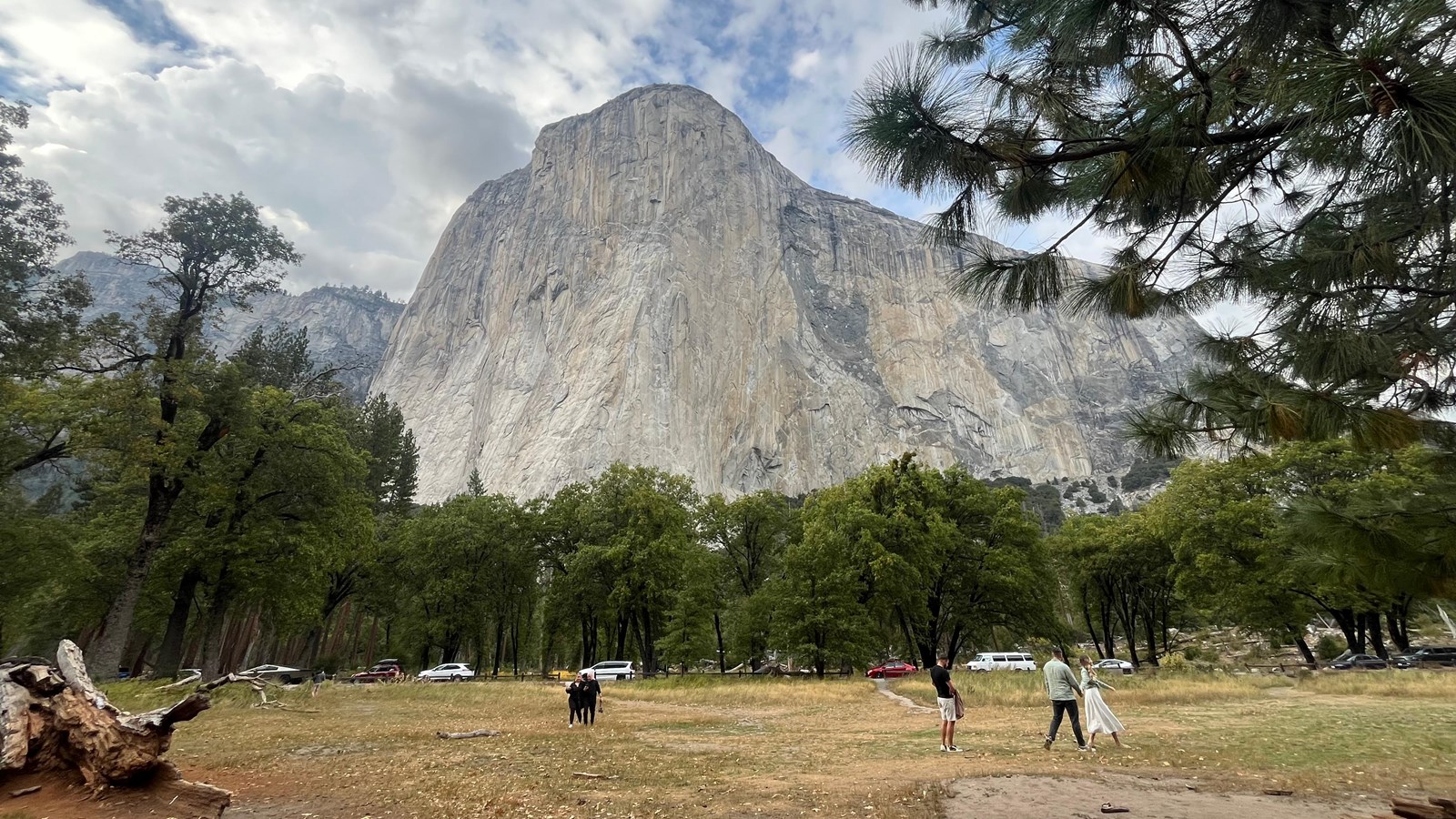 A grassy area with trees and a large granite monolith