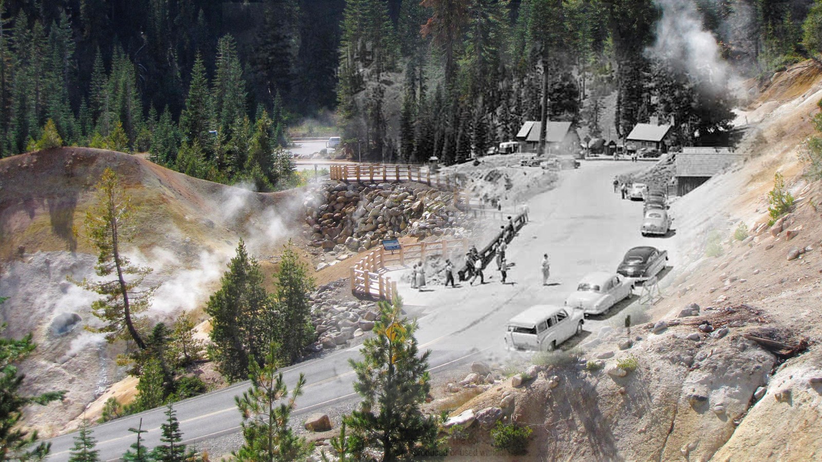 An image of a hydrothermal area with an overlay of a black and white image of a roadside attraction.