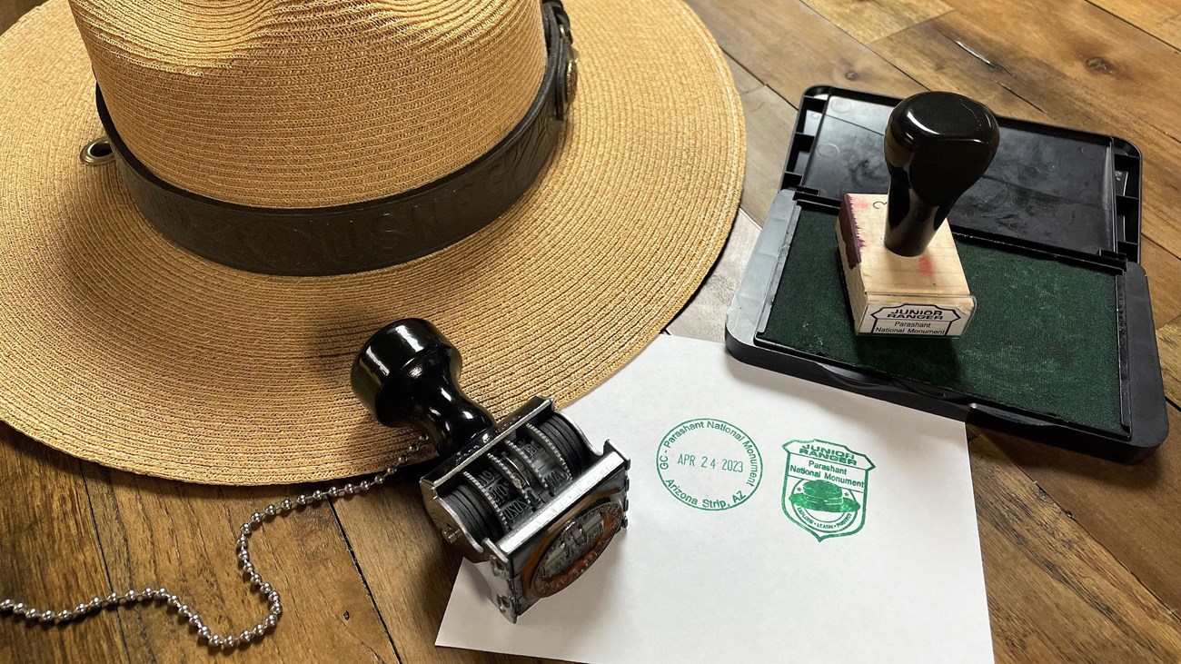 Image of a Park Ranger flat hat with the NPS Passport cancellation stamp and Junior Ranger stamp.