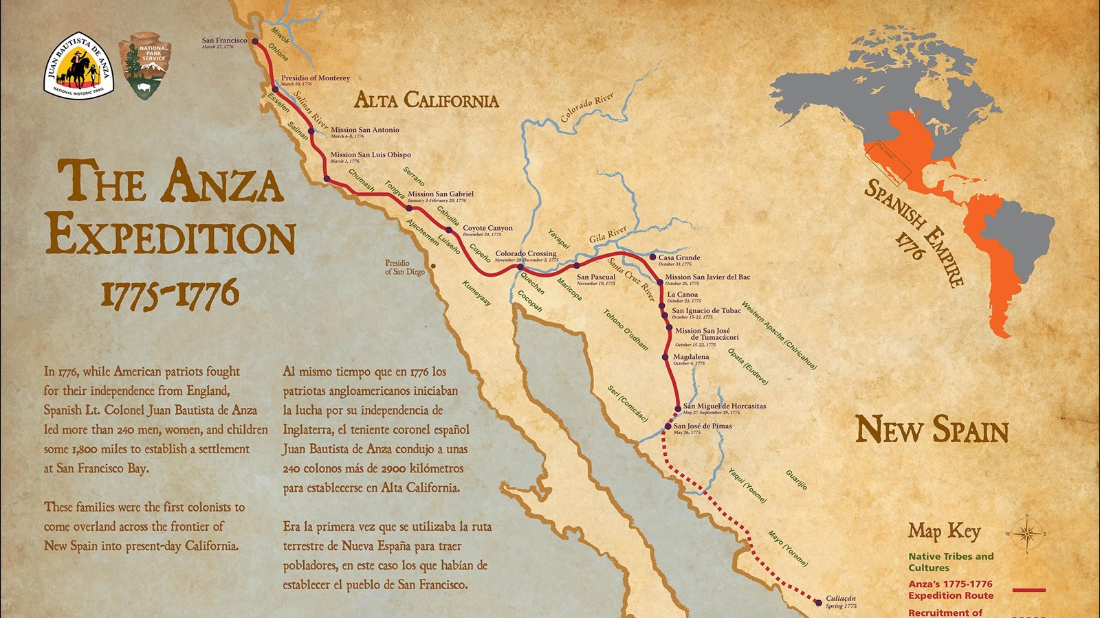 A historic map of the Anza Expedition. The map shows the 1200-mile trail.