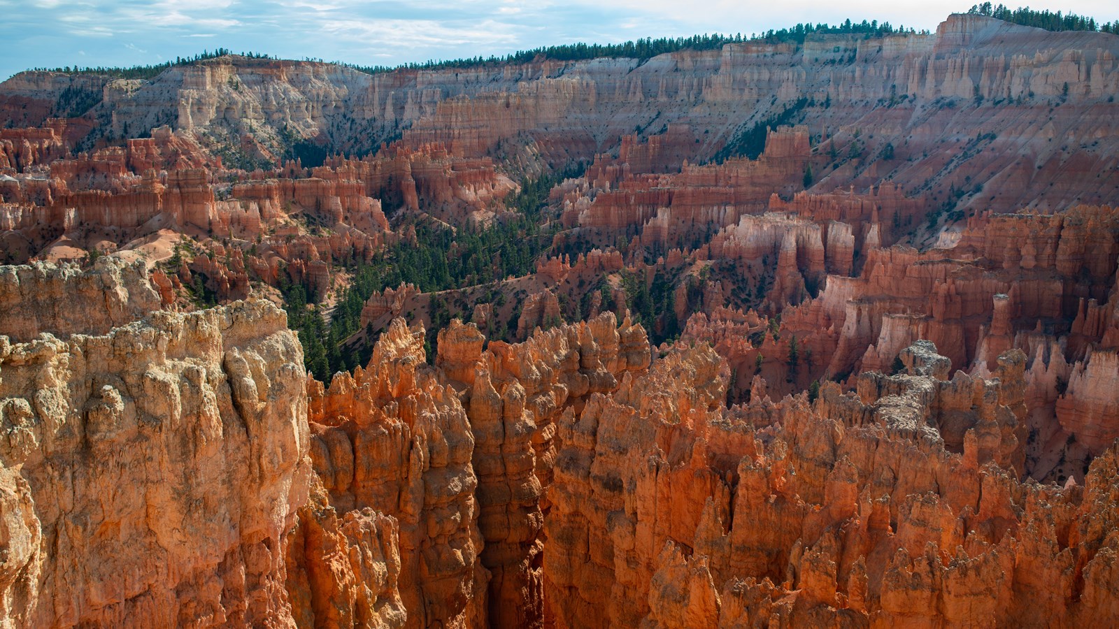 Red and white rock fins stand among distant spires and forested landscape