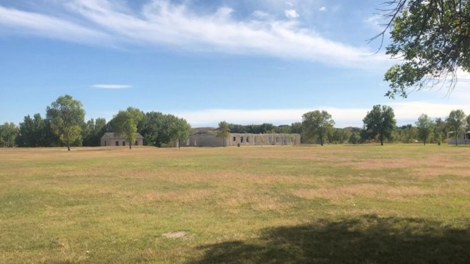 A large grassy area surrounded by buildings