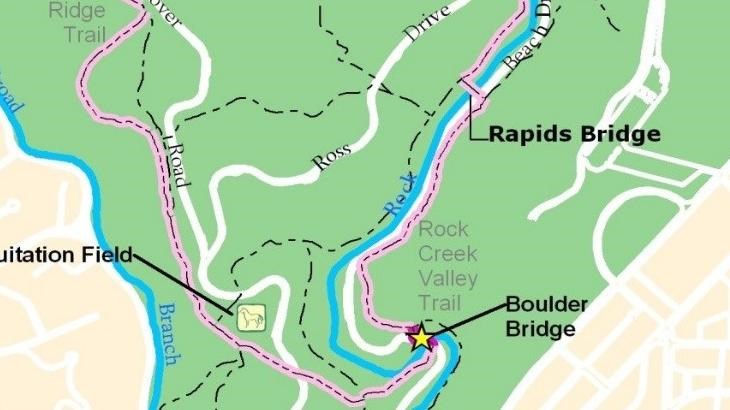 Map of section of park with route shown in pink