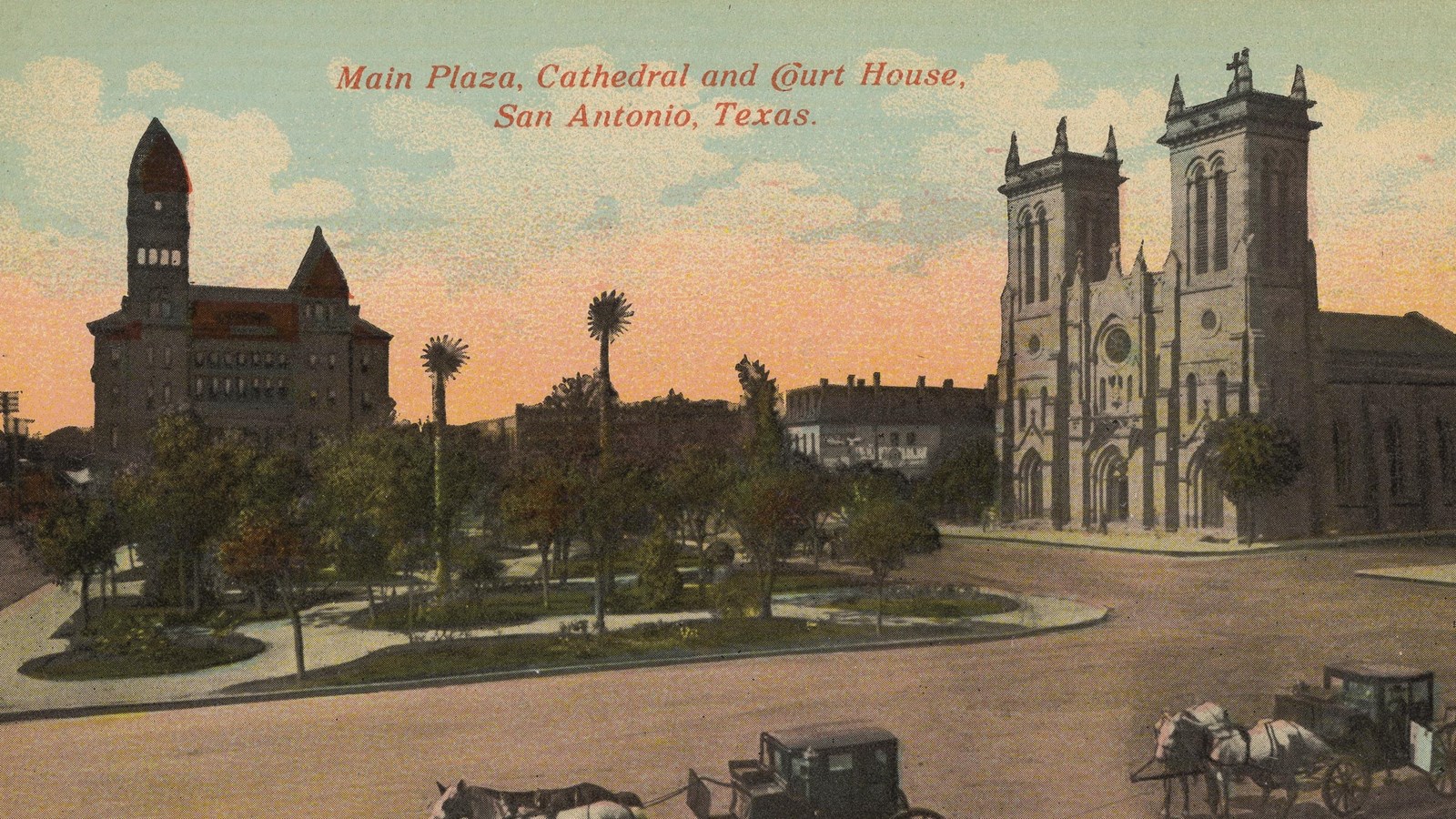 A postcard depicting a gardened city plaza along with a cathedral and multi-story courthouse