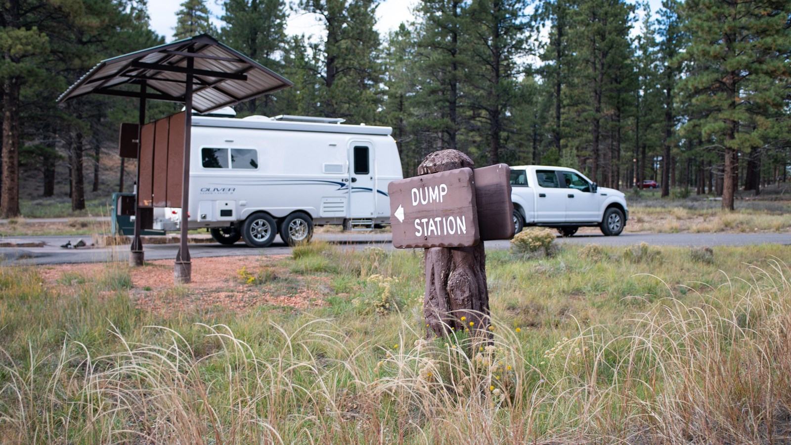 A forested parking lot with a sign reading RV Dump Station