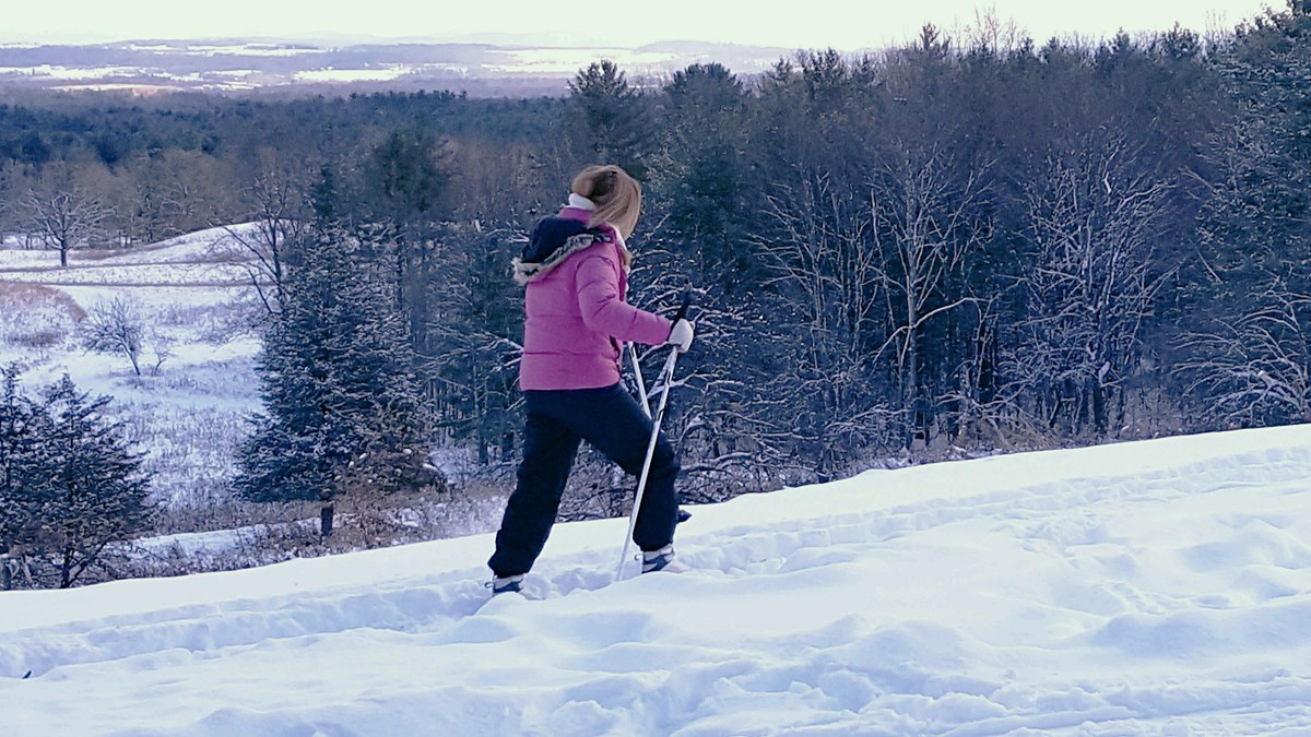 Woman in pink jacket on skis. Open vista overlooking the battlefields form backdrop.