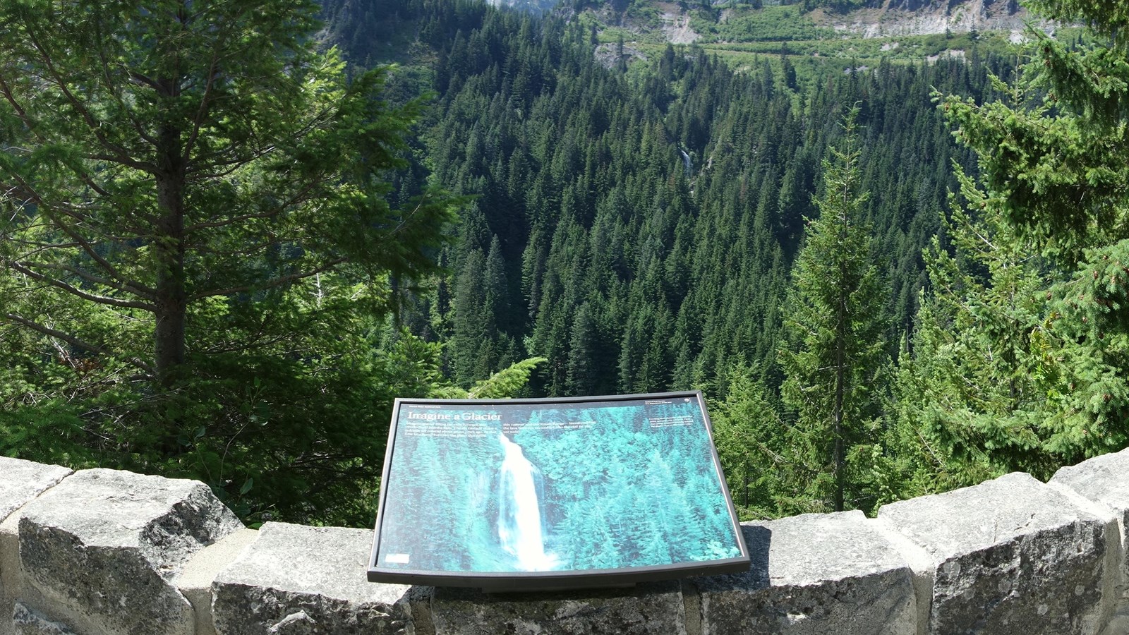 A exhibit panel of a waterfall on a rock wall overlooks a forested valley.