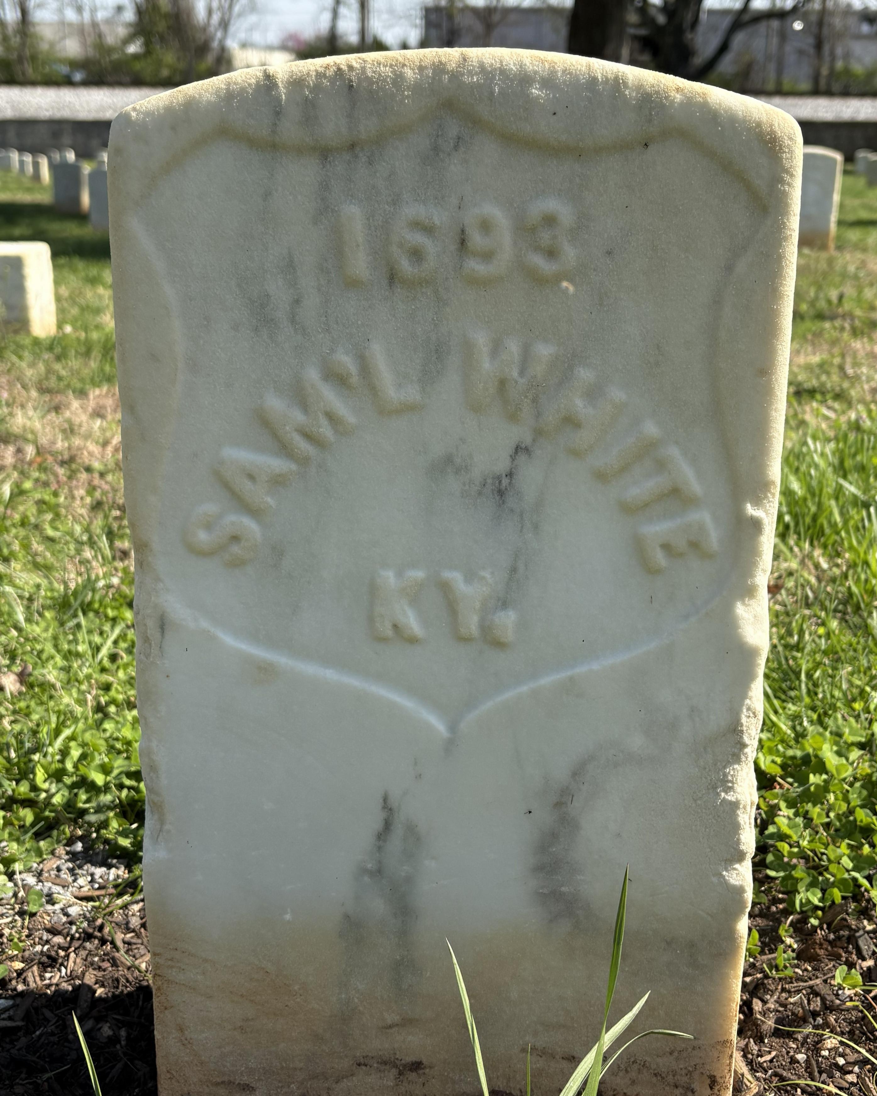 Marble headstone with "SAM'L WHITE KY." inscribed on it. 