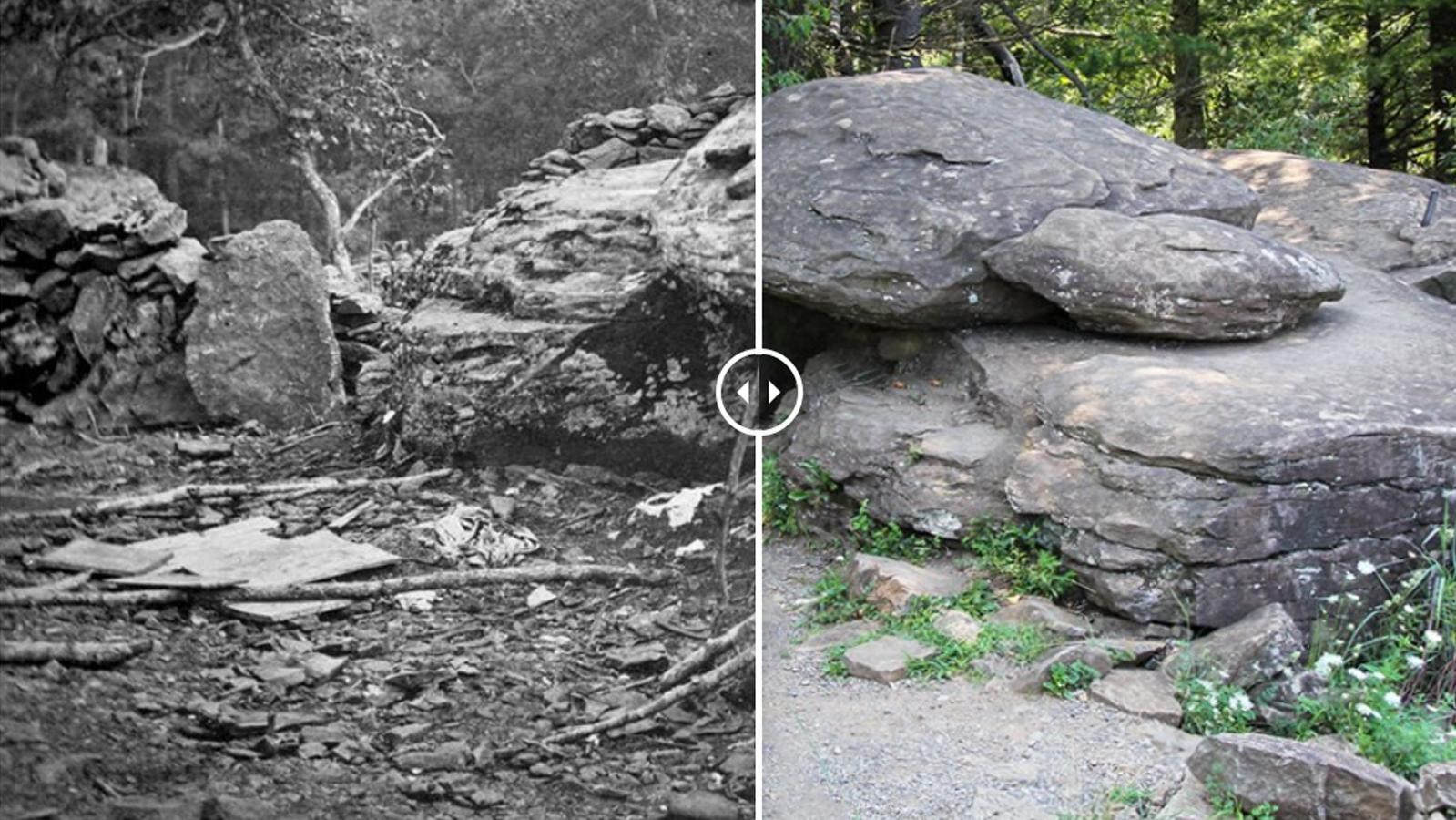 A historic image of fortifications on Little Round Top with a modern image on the right.