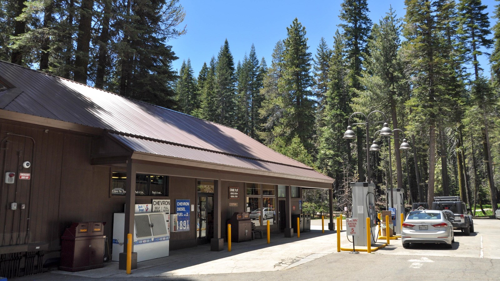 Brown gas station building and gas pumps