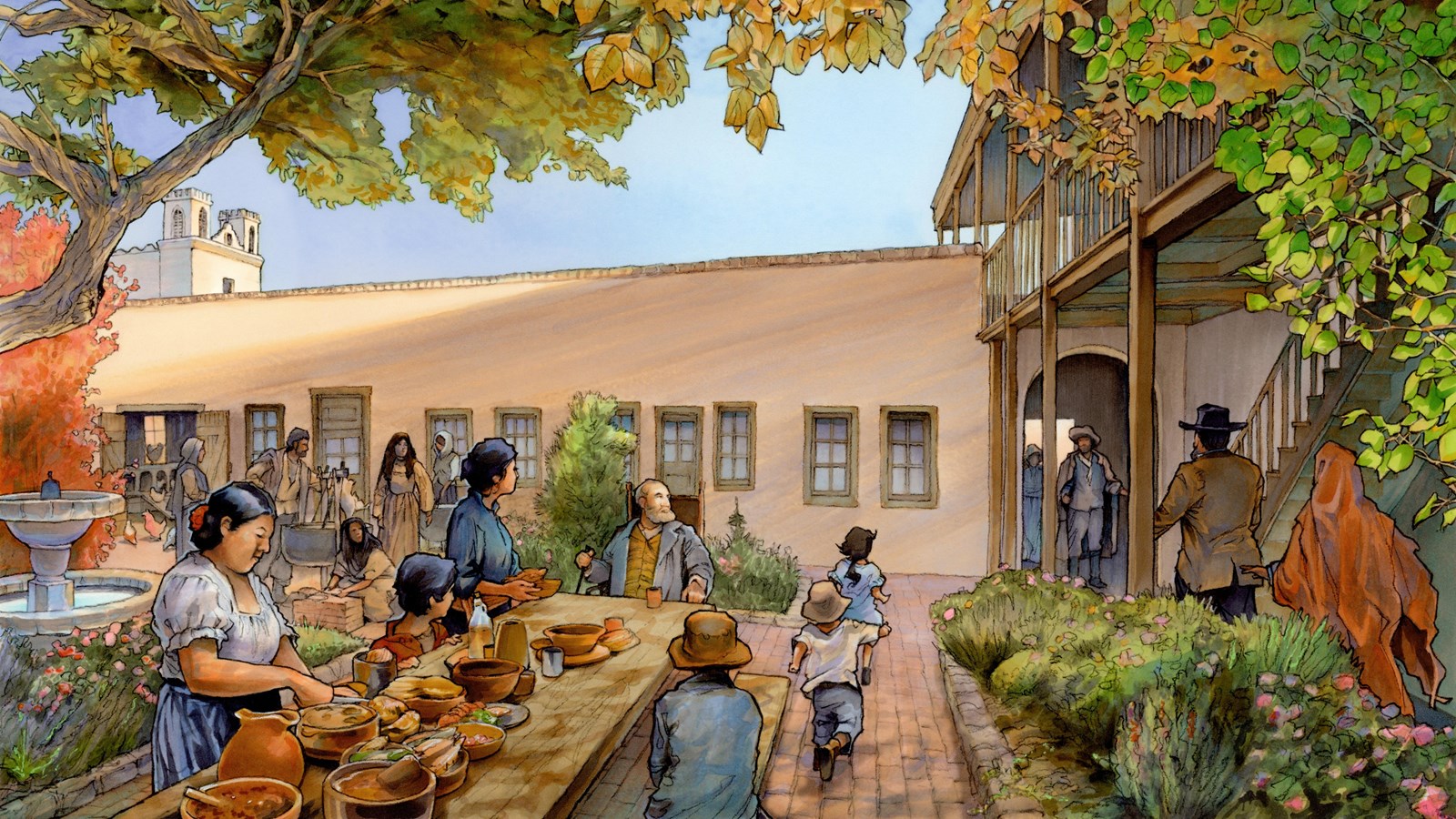 Illustration of a courtyard gathering with food, adobe buildings, trees, and people sharing a meal.