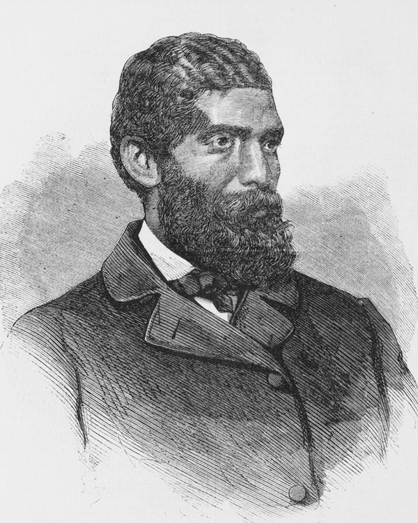Engraving of a Black man with a full thick beard. He wears a jacket with a bowtie peaking out.