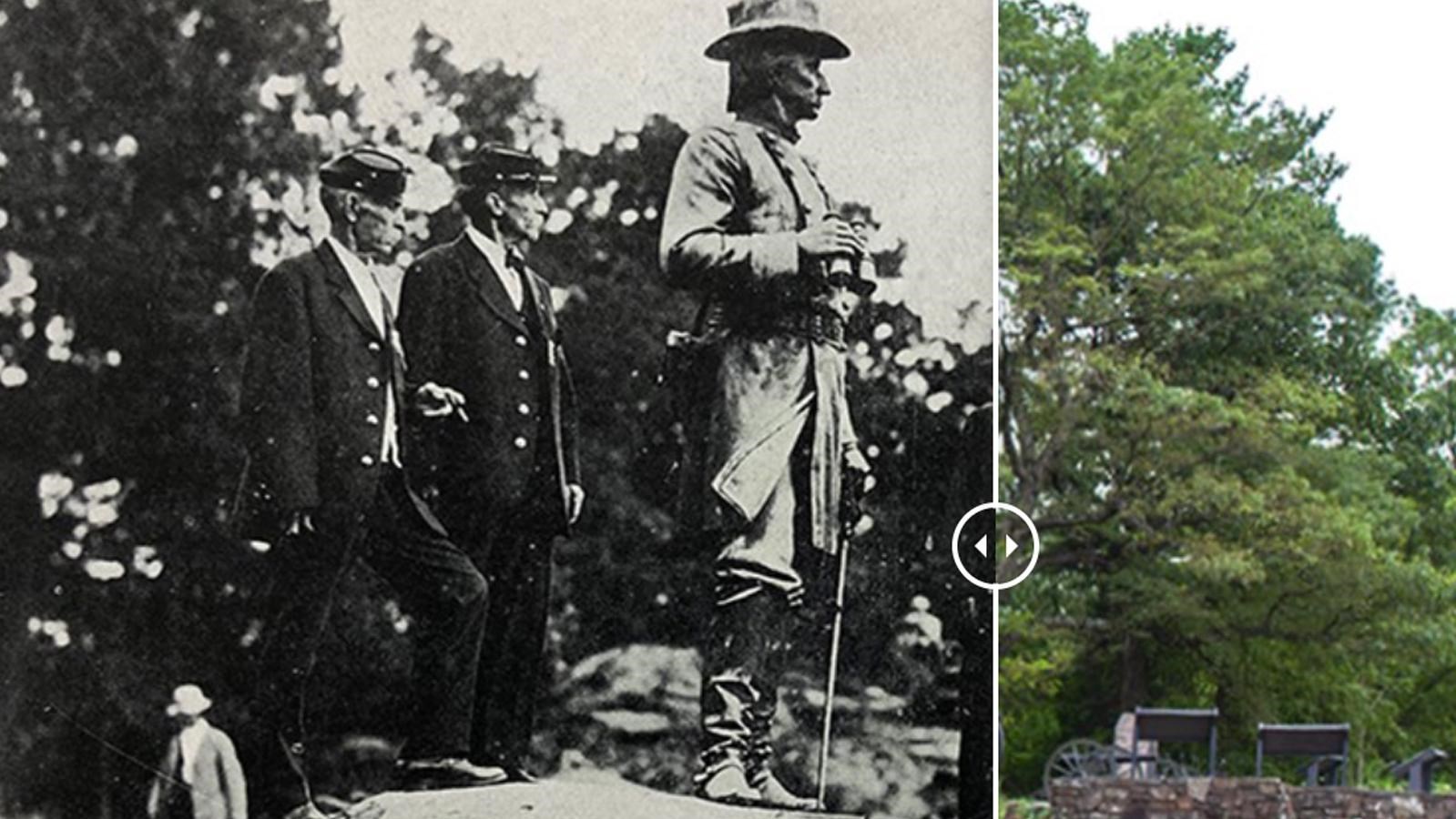 A historic photo of veterans standing beside a monument with a modern image to the right.