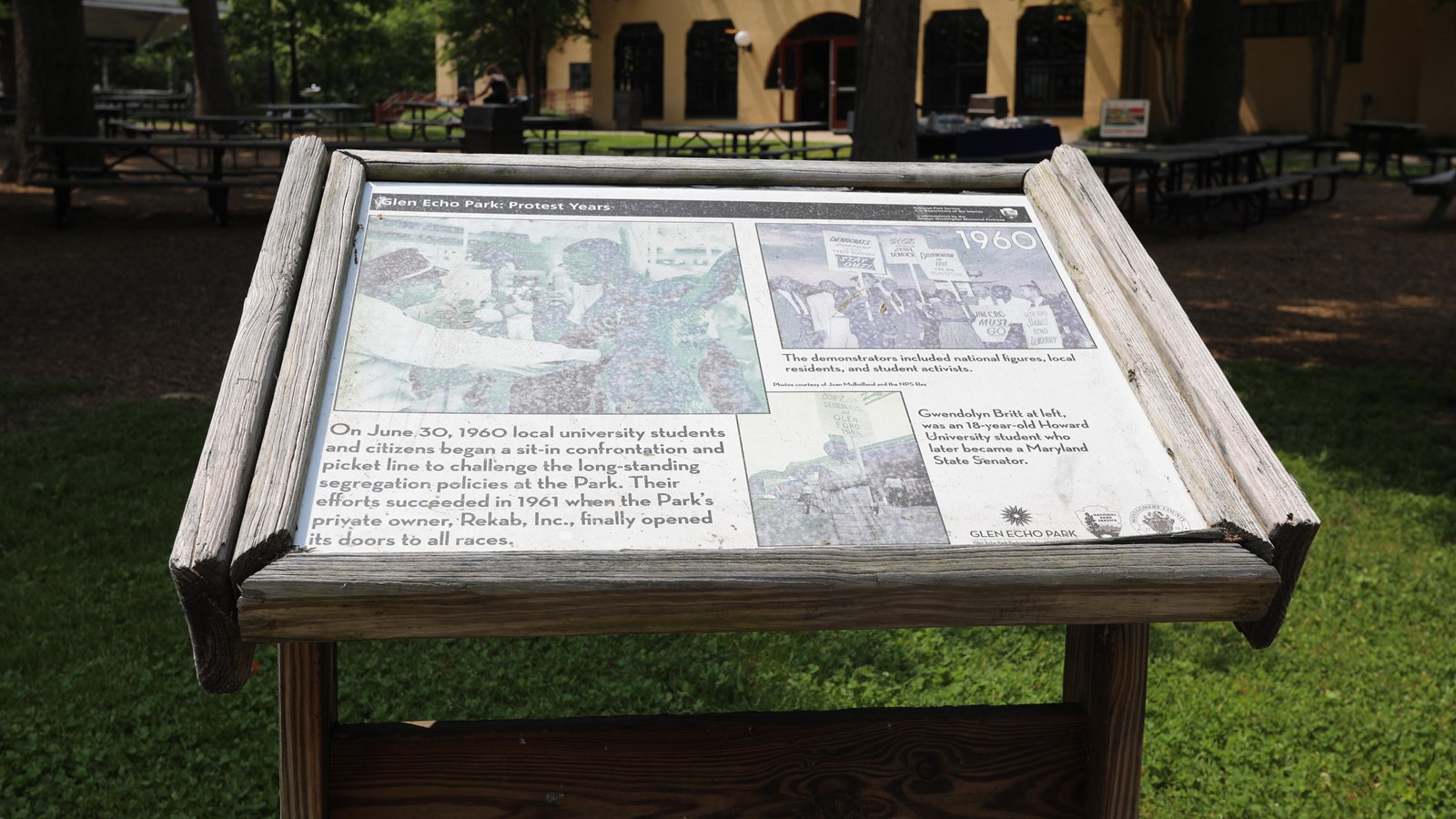 An information panel with images of civil rights protesters faces the Spanish Ballroom.