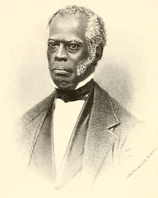 Engraved portrait of Black man wearing suit, with white hair and long sideburns.