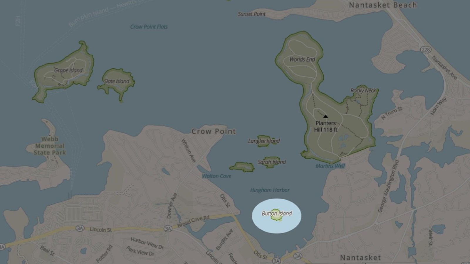 Map of Hingham Bay with Button Island highlighted
