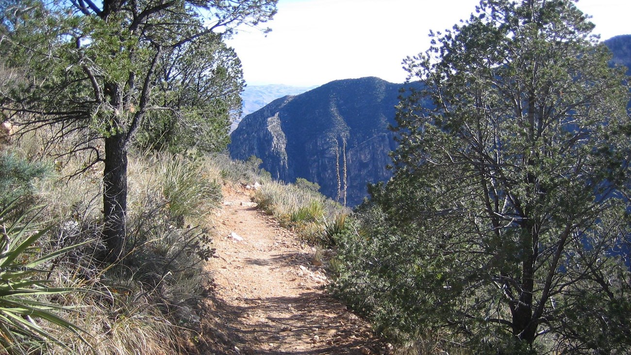 A trail cuts through a desert mountain landscape.