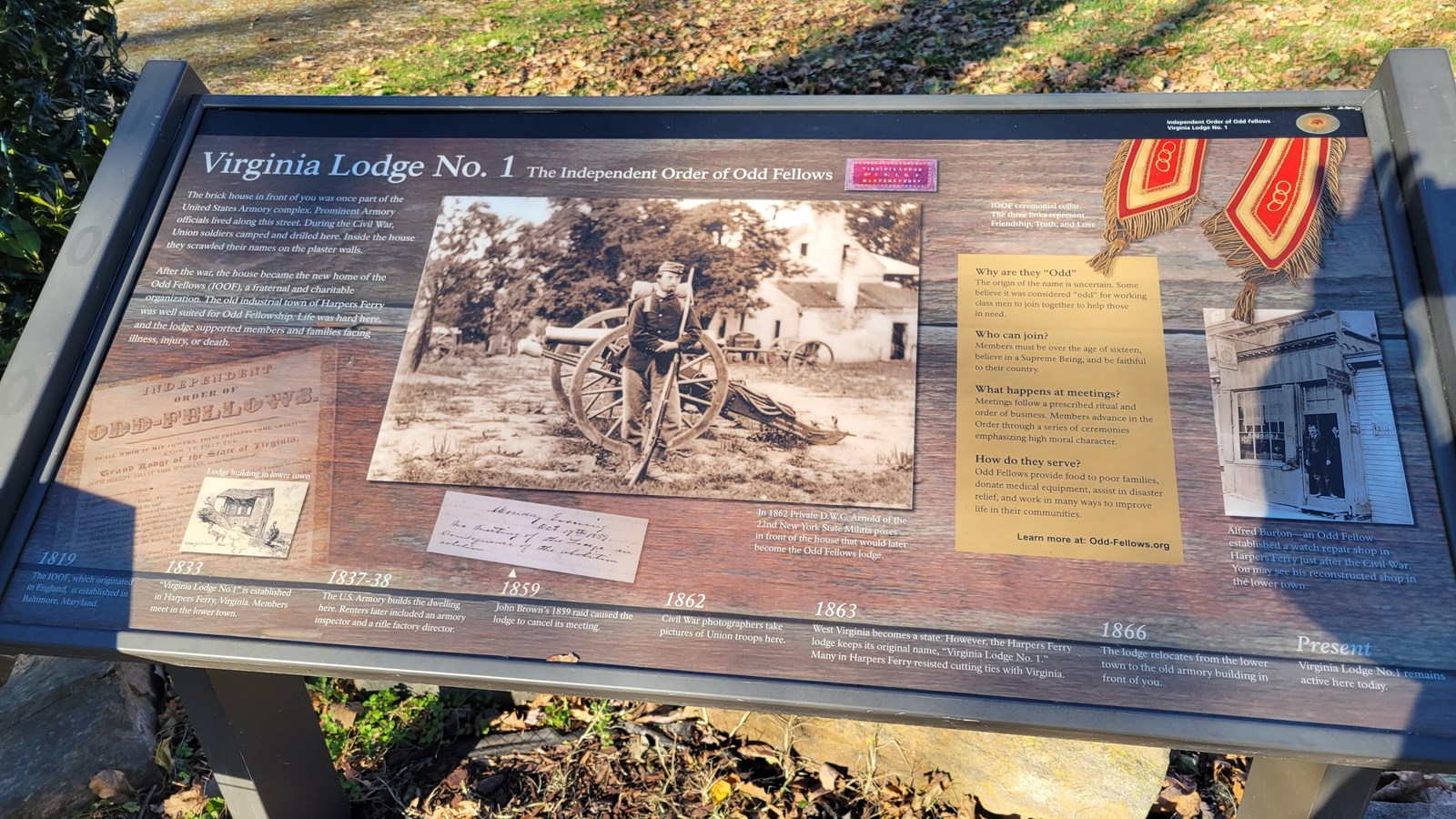 Wayside sign titled Virginia Lodge No. 1 The Independent Order of Odd Fellows