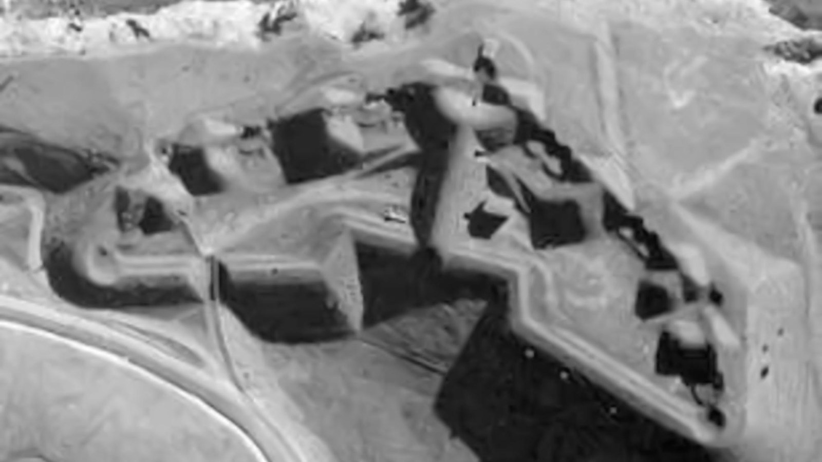 Black and white aerial view showing the unusual triangular shape of Battery Cavallo