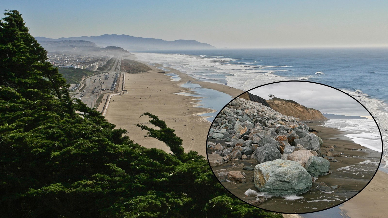 Colored photo of Ocean Beach looking south. Oval inset image of the riprap installed at Ocean Beach