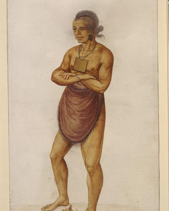 a painting of an Algonquian man with a mohawk haircut, no shirt and a cloth around his waist.